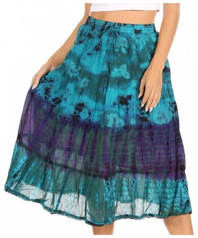 Antonia Women's Skirt Tie Dye Boho Elastic Waist Adjustable Embroidery Turq $13.33 Skirts