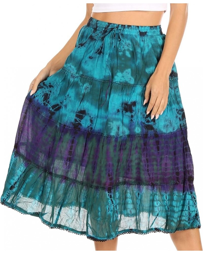 Antonia Women's Skirt Tie Dye Boho Elastic Waist Adjustable Embroidery Turq $13.33 Skirts