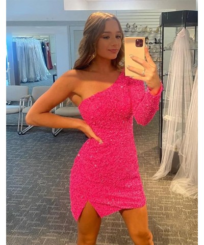 Sparkly Sequin One Shoulder Homecoming Dresses for Teens 2024 Long Sleeve Prom Dress Short Purple $28.59 Dresses