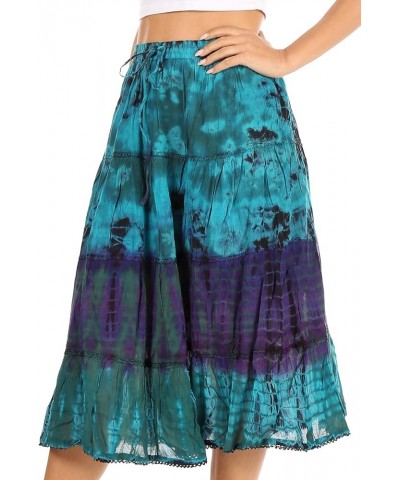 Antonia Women's Skirt Tie Dye Boho Elastic Waist Adjustable Embroidery Turq $13.33 Skirts