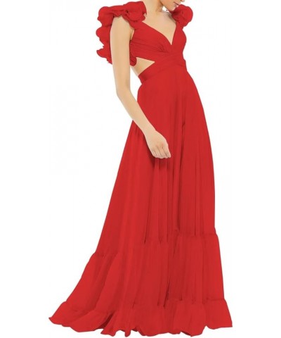 Chiffon Ruffle Prom Dresses for Women V Neck Long Bridesmaid Dresses Backless Formal Evening Gowns A Line Red $41.00 Dresses