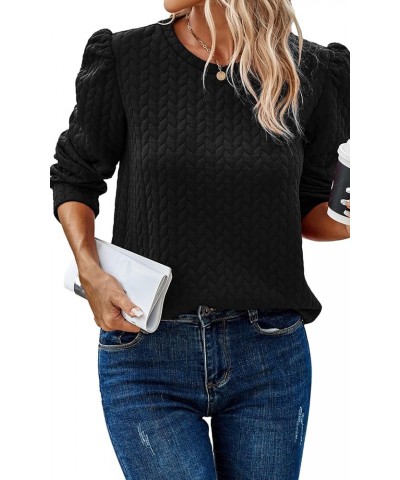 Women's Puff Sleeve Sweatshirts 2023 Fall Fashion Casual Crewneck Solid Twist Texture Pullover Tops Black $25.36 Hoodies & Sw...