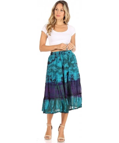 Antonia Women's Skirt Tie Dye Boho Elastic Waist Adjustable Embroidery Turq $13.33 Skirts