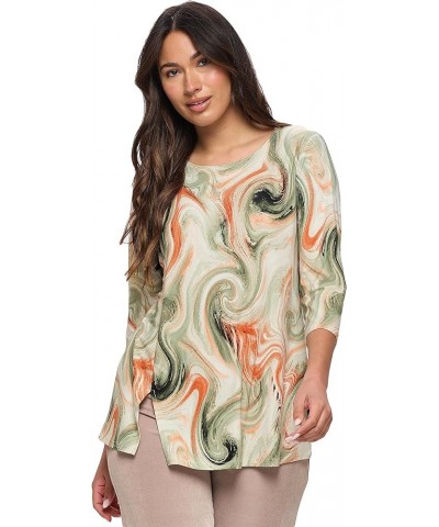 Women's Print T Shirts - 3/4 Sleeve Round Neck Printed Casual Top with Side Slit W330 Olive $26.94 T-Shirts