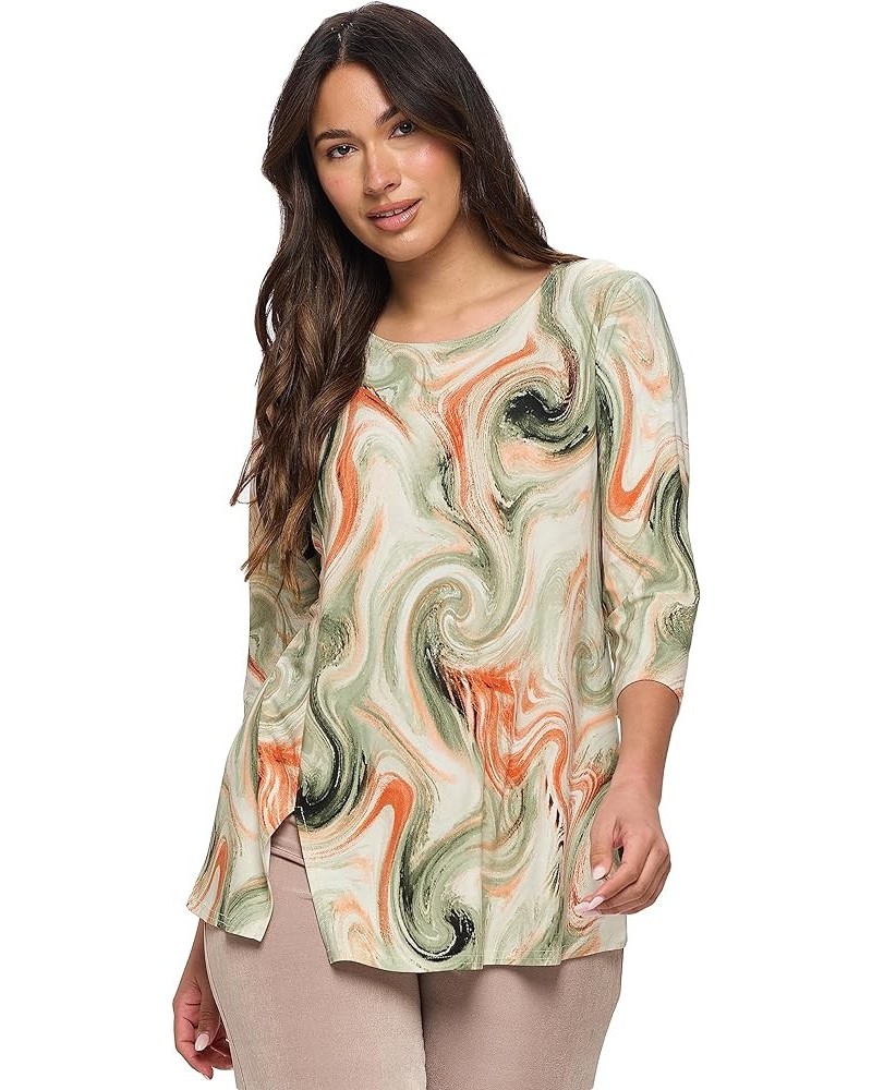 Women's Print T Shirts - 3/4 Sleeve Round Neck Printed Casual Top with Side Slit W330 Olive $26.94 T-Shirts