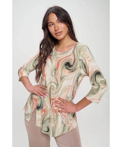 Women's Print T Shirts - 3/4 Sleeve Round Neck Printed Casual Top with Side Slit W330 Olive $26.94 T-Shirts