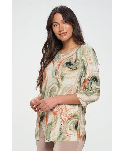 Women's Print T Shirts - 3/4 Sleeve Round Neck Printed Casual Top with Side Slit W330 Olive $26.94 T-Shirts