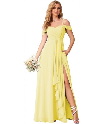 Women's Cold Shoulder Bridesmaid Dresses Long with Slit Chiffon Ruffles Pleats Formal Party Dress YJ174 Yellow $26.25 Dresses