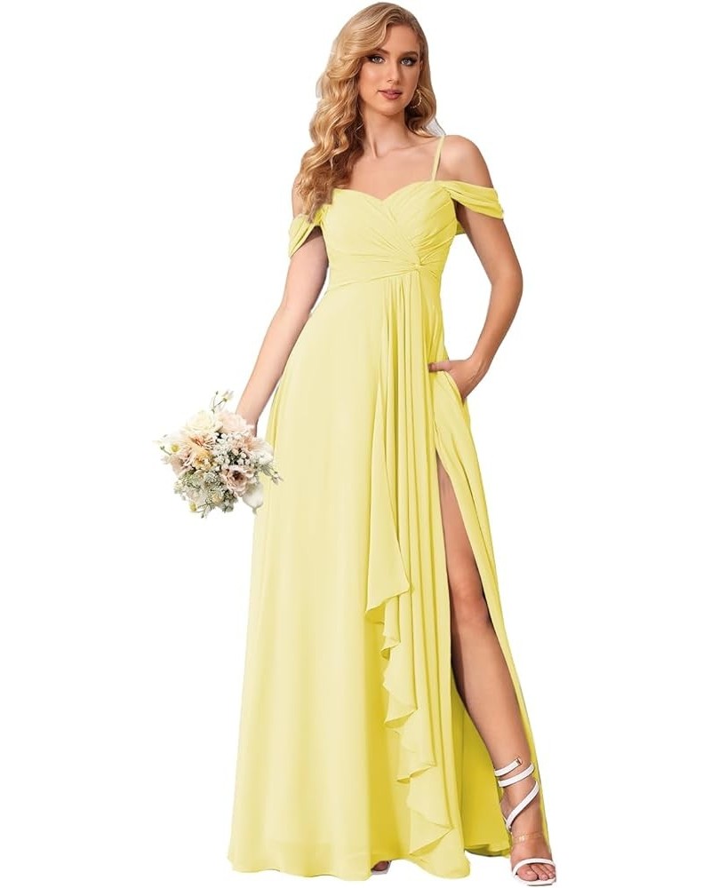 Women's Cold Shoulder Bridesmaid Dresses Long with Slit Chiffon Ruffles Pleats Formal Party Dress YJ174 Yellow $26.25 Dresses