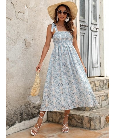 Women's Summer Boho Dress Floral Print Spaghetti Strap Square Neck Shirred Maxi Dress Beach Sun Dress Multi Blue and White $2...