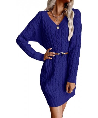 Womens Cable Knit Sweater Dress Long Sleeve V Neck Mini Knit Dresses Loose Casual Sweaters Navy Blue $29.39 Sweaters