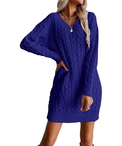 Womens Cable Knit Sweater Dress Long Sleeve V Neck Mini Knit Dresses Loose Casual Sweaters Navy Blue $29.39 Sweaters