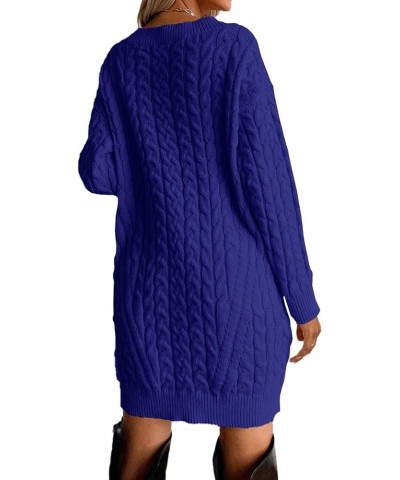 Womens Cable Knit Sweater Dress Long Sleeve V Neck Mini Knit Dresses Loose Casual Sweaters Navy Blue $29.39 Sweaters