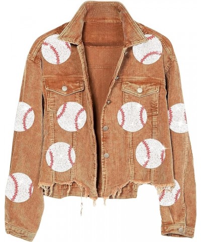 Womens Sequin Baseball Washed Corduroy Jackets Short Distressed Jacket Cropped Coat with Frayed Hem Brown $27.02 Jackets