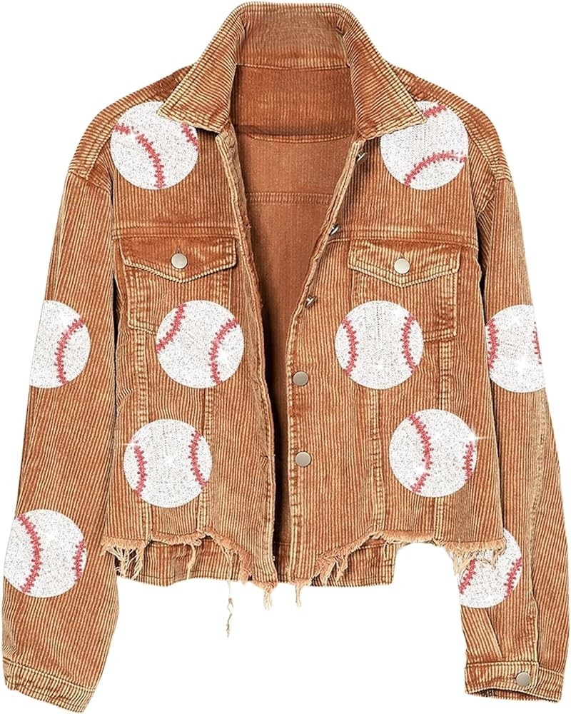 Womens Sequin Baseball Washed Corduroy Jackets Short Distressed Jacket Cropped Coat with Frayed Hem Brown $27.02 Jackets