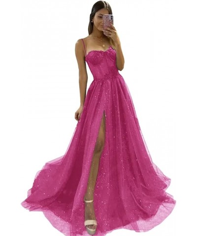 Glitter Tulle Prom Dresses Long Spaghetti Straps 3D Flower Corset Formal Evening Gowns with Slit Fuchsia $44.19 Dresses