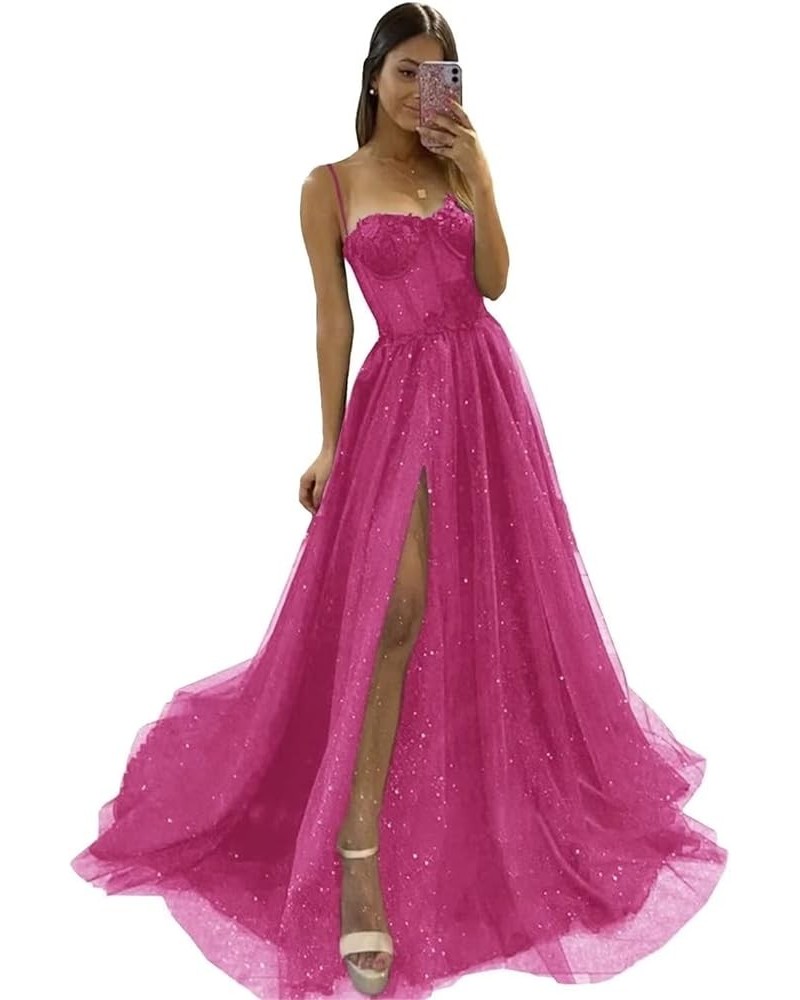 Glitter Tulle Prom Dresses Long Spaghetti Straps 3D Flower Corset Formal Evening Gowns with Slit Fuchsia $44.19 Dresses