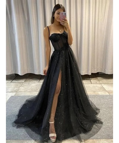 Glitter Tulle Prom Dresses Long Spaghetti Straps 3D Flower Corset Formal Evening Gowns with Slit Fuchsia $44.19 Dresses