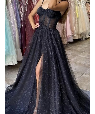 Glitter Tulle Prom Dresses Long Spaghetti Straps 3D Flower Corset Formal Evening Gowns with Slit Fuchsia $44.19 Dresses