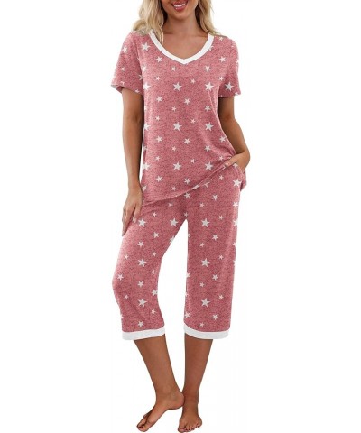 Women's Pajama Set Short Sleeve Shirt and Capri Pants Sleepwear Pjs Sets with Pockets White Star Red $14.00 Sleep & Lounge