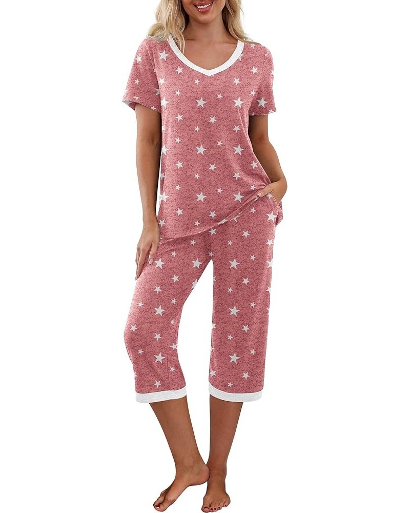 Women's Pajama Set Short Sleeve Shirt and Capri Pants Sleepwear Pjs Sets with Pockets White Star Red $14.00 Sleep & Lounge