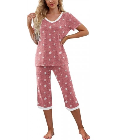 Women's Pajama Set Short Sleeve Shirt and Capri Pants Sleepwear Pjs Sets with Pockets White Star Red $14.00 Sleep & Lounge