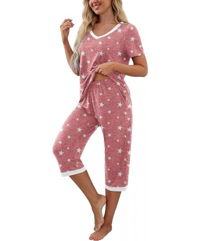 Women's Pajama Set Short Sleeve Shirt and Capri Pants Sleepwear Pjs Sets with Pockets White Star Red $14.00 Sleep & Lounge