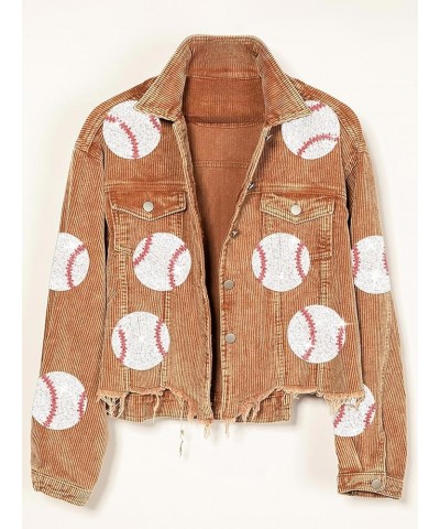 Womens Sequin Baseball Washed Corduroy Jackets Short Distressed Jacket Cropped Coat with Frayed Hem Brown $27.02 Jackets