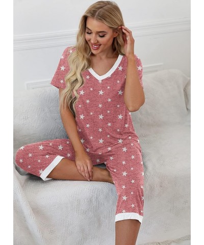 Women's Pajama Set Short Sleeve Shirt and Capri Pants Sleepwear Pjs Sets with Pockets White Star Red $14.00 Sleep & Lounge