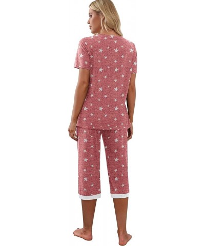 Women's Pajama Set Short Sleeve Shirt and Capri Pants Sleepwear Pjs Sets with Pockets White Star Red $14.00 Sleep & Lounge