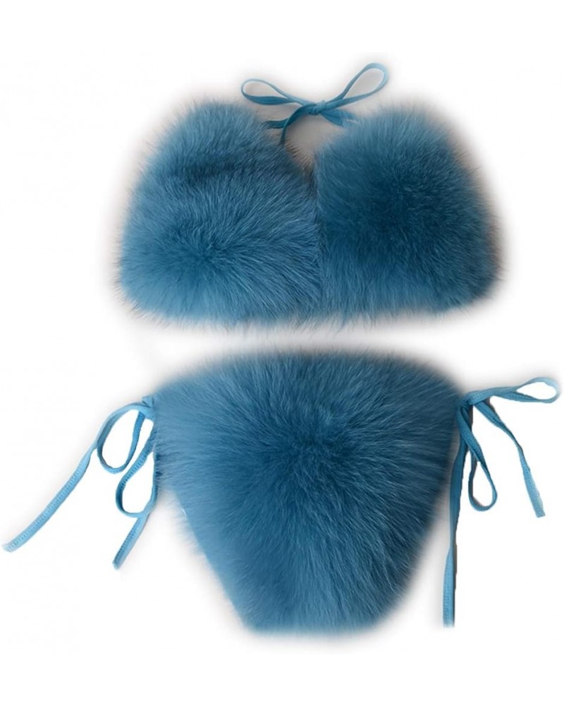 Womens Bikini Sets Real Whole Fox Fur Tie Side Bralette Backless Top Triangle Bottom Peacock Blue $32.44 Swimsuits