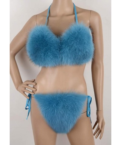 Womens Bikini Sets Real Whole Fox Fur Tie Side Bralette Backless Top Triangle Bottom Peacock Blue $32.44 Swimsuits