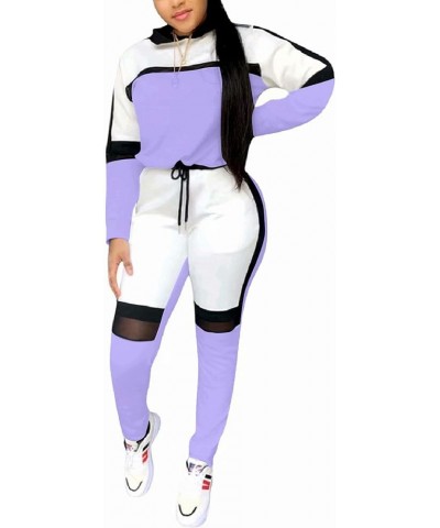 Women's Casual Sweatsuit Two Piece Outfits Patchwork Net Color Block Pocket Hooded Top Pant Set Jogger Tracksuit Light Purple...