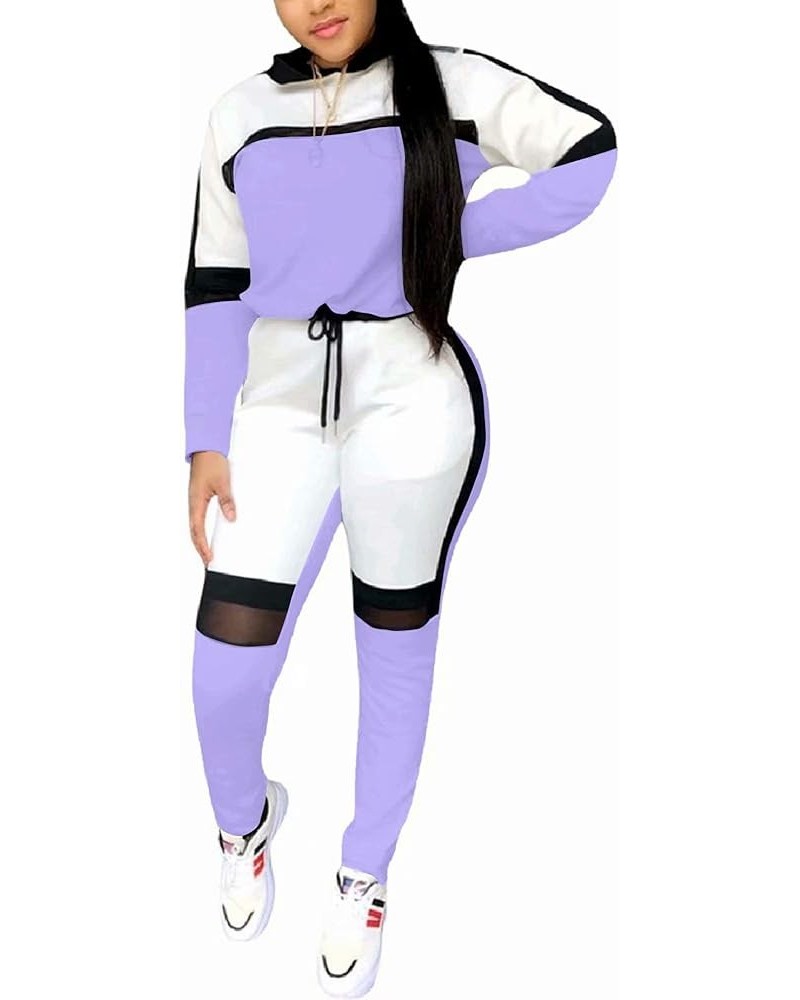 Women's Casual Sweatsuit Two Piece Outfits Patchwork Net Color Block Pocket Hooded Top Pant Set Jogger Tracksuit Light Purple...