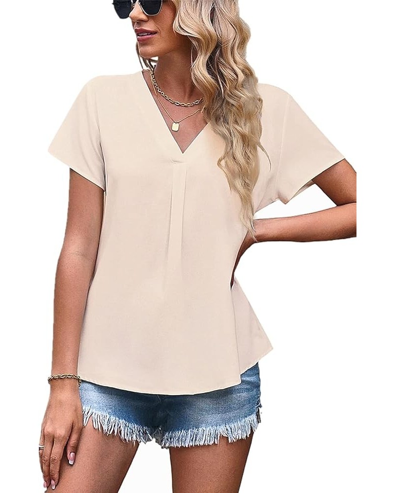 Women Dressy V Neck Business Casual Pleated Blouse Tshirt B Apricot $11.79 Blouses