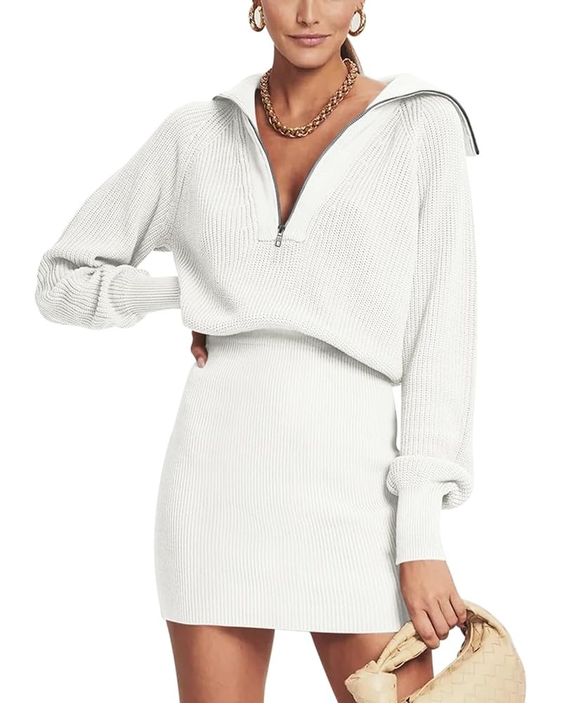 Women's Casual Long Sleeve Bodycon Sweater Dresses Fall Half Zip V Neck Slim Fit Ribbed Knitted Mini Dress White $27.72 Sweaters