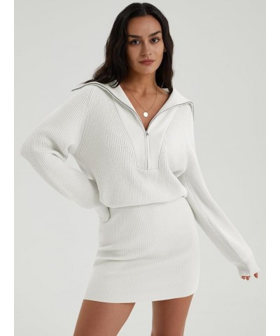 Women's Casual Long Sleeve Bodycon Sweater Dresses Fall Half Zip V Neck Slim Fit Ribbed Knitted Mini Dress White $27.72 Sweaters