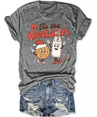 Tis The Season Shirts for Women Christmas Shirt Cute Snowman Christmas Tree Cakes Graphic Tees Winter Tops Grey $14.49 T-Shirts