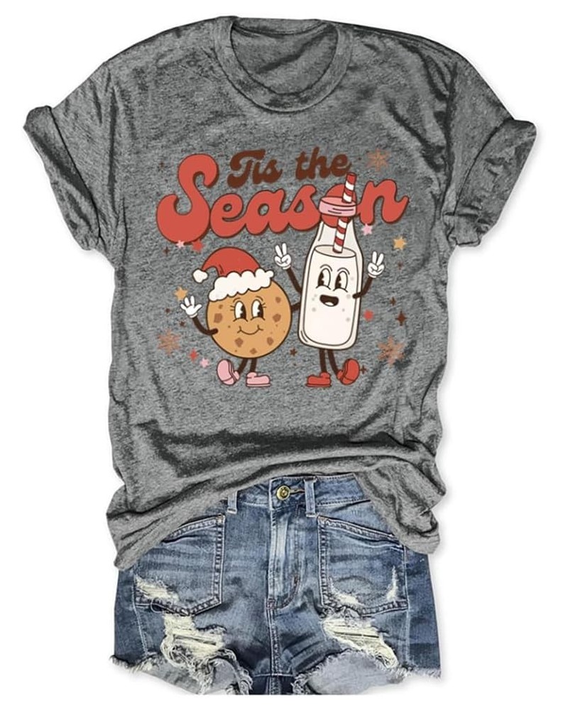 Tis The Season Shirts for Women Christmas Shirt Cute Snowman Christmas Tree Cakes Graphic Tees Winter Tops Grey $14.49 T-Shirts