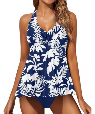 Two Piece Tankini Swimsuits for Women Tummy Control Bathing Suits Ruffle V Neck Swimwear with Shorts Navy Blue Printed $17.83...