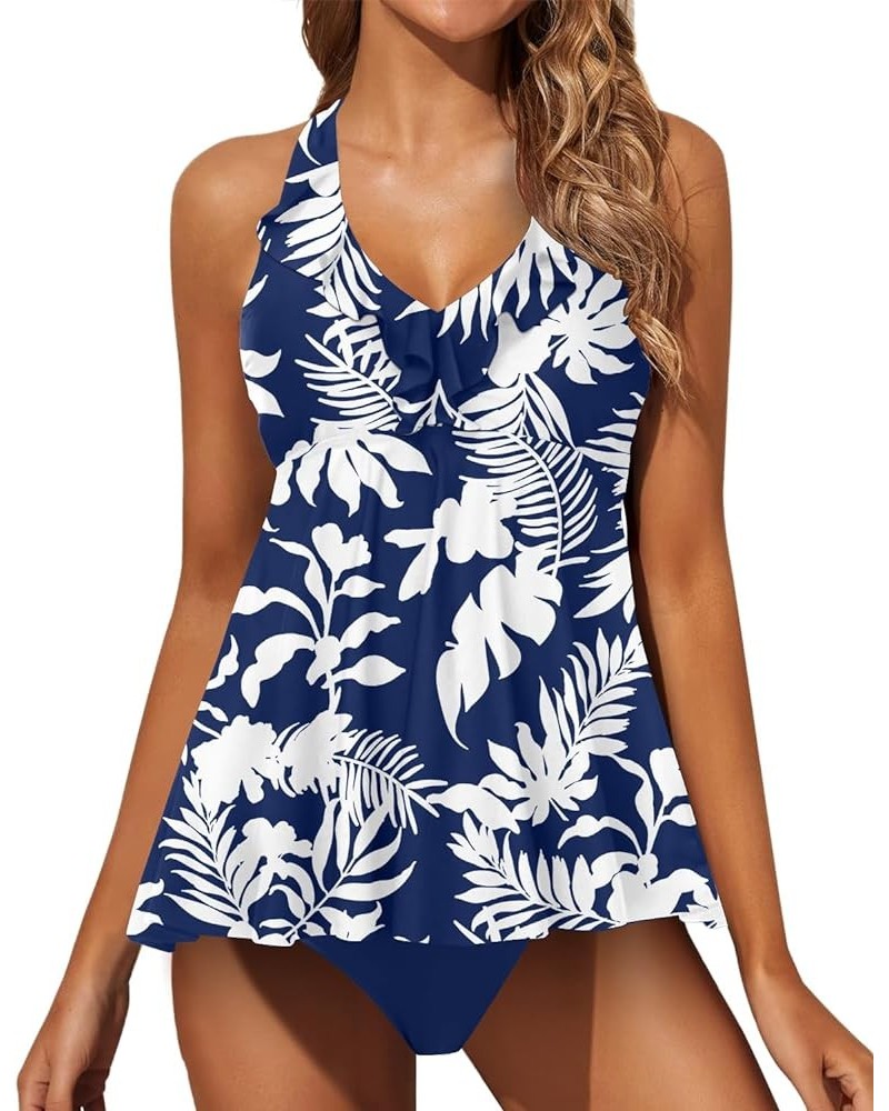 Two Piece Tankini Swimsuits for Women Tummy Control Bathing Suits Ruffle V Neck Swimwear with Shorts Navy Blue Printed $17.83...