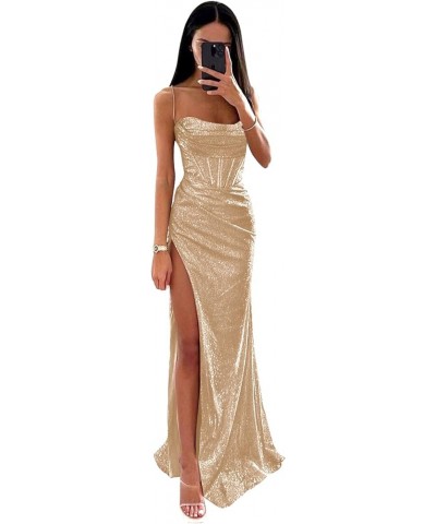 Sparkly Sequin Cocktail Prom Dress Ruch Spaghetti Straps Backless Mermaid Corset Formal Evening Party Gown Rose Gold $28.20 D...