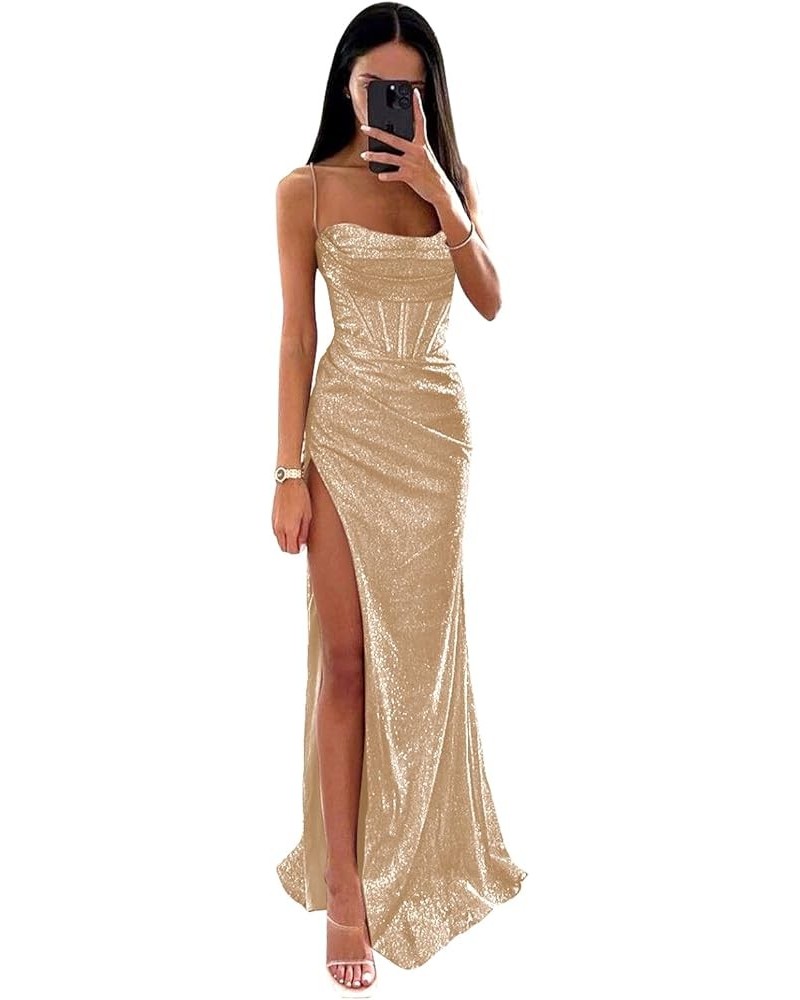 Sparkly Sequin Cocktail Prom Dress Ruch Spaghetti Straps Backless Mermaid Corset Formal Evening Party Gown Rose Gold $28.20 D...