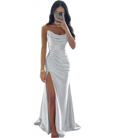 Off Shoulder Wrap Bridesmaid Dresses for Wedding Satin Fitted Formal Evening Gowns with Slit Silver $38.42 Dresses