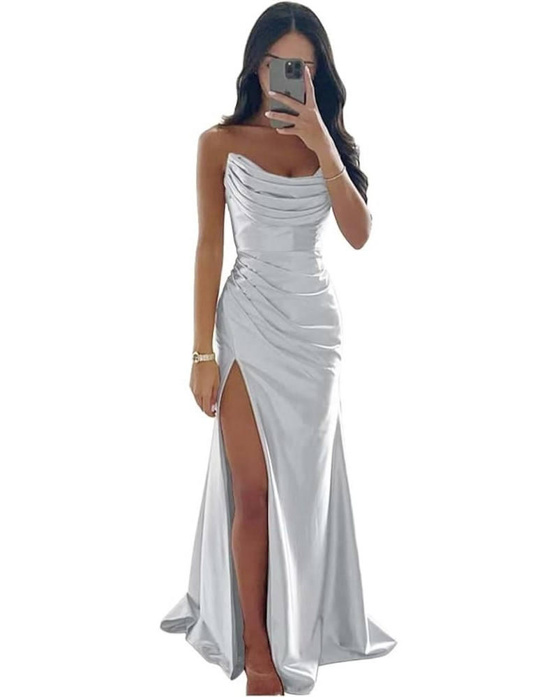 Off Shoulder Wrap Bridesmaid Dresses for Wedding Satin Fitted Formal Evening Gowns with Slit Silver $38.42 Dresses