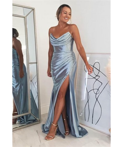 Off Shoulder Wrap Bridesmaid Dresses for Wedding Satin Fitted Formal Evening Gowns with Slit Silver $38.42 Dresses