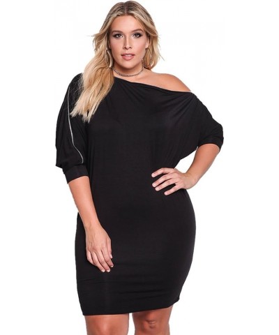 Women's One Shoulder 3/4 Sleeves Bodycon Fitted Short Plus Size Dresses Black $19.79 Dresses