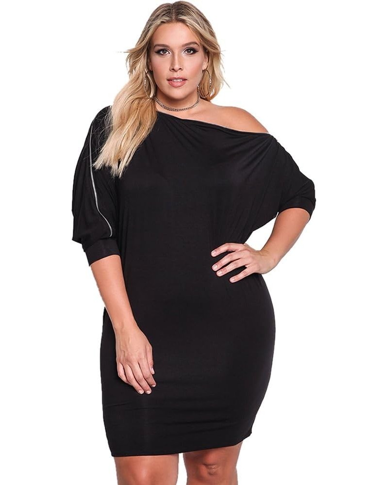 Women's One Shoulder 3/4 Sleeves Bodycon Fitted Short Plus Size Dresses Black $19.79 Dresses