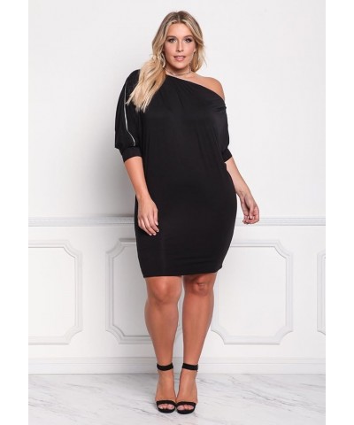 Women's One Shoulder 3/4 Sleeves Bodycon Fitted Short Plus Size Dresses Black $19.79 Dresses