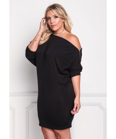 Women's One Shoulder 3/4 Sleeves Bodycon Fitted Short Plus Size Dresses Black $19.79 Dresses